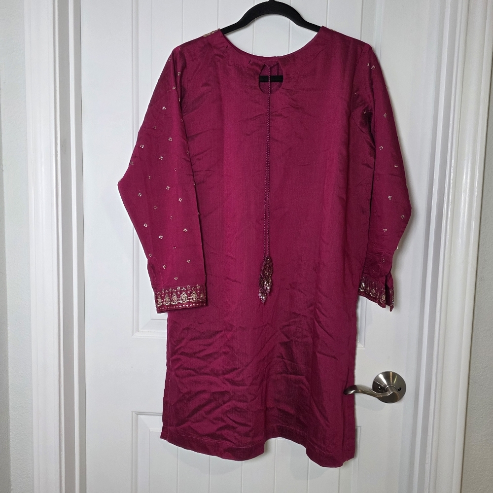 NEW 3 Piece Pakistani Desi Cotton Silk Magenta Women's Embroidered Outfit Medium - Picture 4 of 9